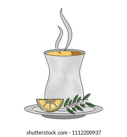 tea cup with lemon mint branch on dish