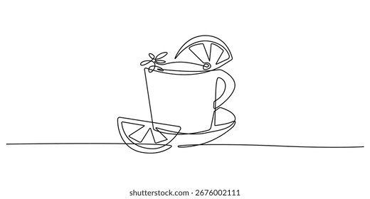 Tea Cup and Lemon Slice Continuous One Line Drawing. Tea Concept Line Art Style for Logo, Banner. Hot Drink Black and White Minimalist Vector illustration. Not AI