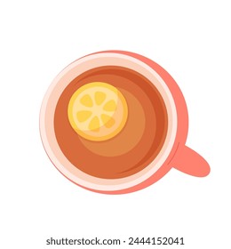 Tea cup with lemon vector illustration. Cartoon hot drink in teacup. Cafe or restaurant icon. Breakfast time. English traditional drink.