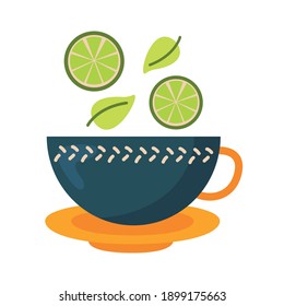 Té cup con diseño de limones y hojas, desayuno y bebida por el tiempo Tema de la bebida Ilustración vectorial