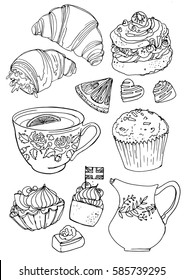 Tea cup line drawing white background  Drink   sweets  Vector image breakfast  English tea  Creamer  sweets  croissants  tea and lemon 