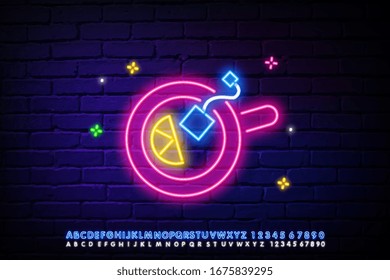 Tea cup line icon. Neon laser lights. Coffee drink sign. Fresh beverage symbol. Glow laser speech bubble. Neon lights chat bubble. Banner badge with espresso icon. Vector