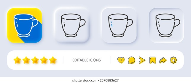 Tea cup line icon. Neumorphic, Flat shadow, 3d buttons. Tableware coffee mug sign. Drink kitchenware pot symbol. Line tea cup icon. Social media icons. Vector