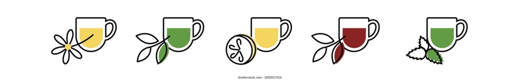 Tea cup line icon set. Herbal, lemon, berry, black, green tea. Breakfast tea menu. Vector illustration