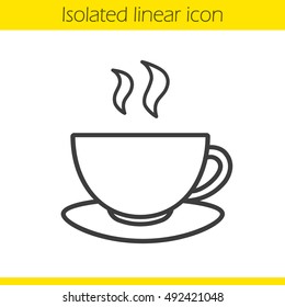 Tea cup linear icon. Thin line illustration. Hot steaming coffee cup on plate. Contour symbol. Vector isolated outline drawing