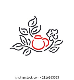 Tea cup, linear leaf. Graphic symbol isolated on white background. Natural herbal drink