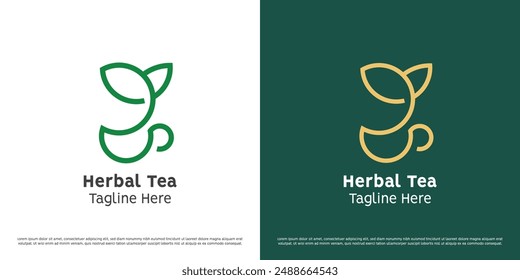 Tea cup logo design illustration. Silhouette of mug cup leaf green tea coffee herbal health drink cafe restaurant. Simple geometric icon symbol elegant minimalist minimal abstract nature organic.