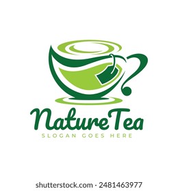 Tea in a cup logo design. Minimalist tea cup and green leaf combination. 
