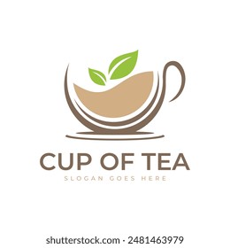 Tea in a cup logo design. Minimalist tea cup and green leaf combination. 