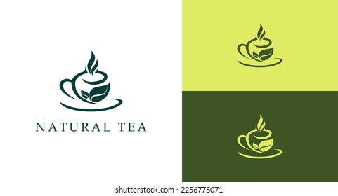 vector de diseño del logotipo del té y la taza, bebida sanitaria, antioxidante, hoja de té. logotipo minimalista aislado en segundo plano, pegatina del emblema del logotipo