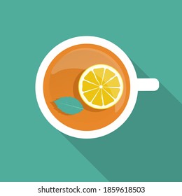 Tea Cup with Mint Leaf and Lemon Icon with Long Shadow. Vector Illustration EPS10