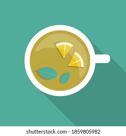 Tea Cup with Mint Leaf and Lemon Icon with Long Shadow. Vector Illustration EPS10