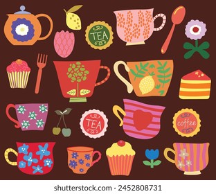 Teetasse Becher Tasse Kuchen mit Blumenmuster Vektorgrafik