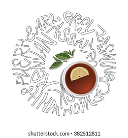 tea Cup and tea names, decorative written in the form of a circle