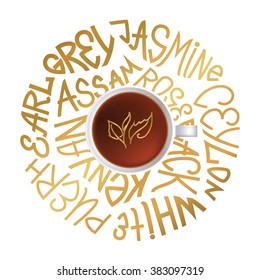 tea Cup and tea names, decorative written in the form of a circle