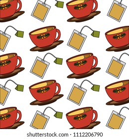 tea cup on dish and teabag pattern design