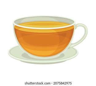 Tea Cup on Saucer with Hot Aromatic Beverage Poured with Boiling Water for Brewing Closeup Vector Illustration