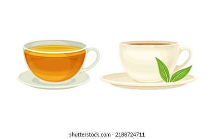 Tea Cup on Saucer with Hot Aromatic Beverage Poured with Boiling Water for Brewing Vector Set