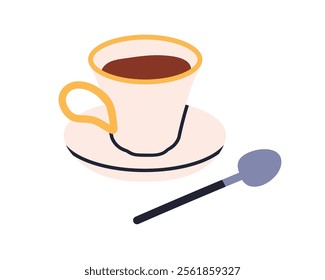 Tea cup on saucer, spoon. Elegant porcelain teacup with hot drink, teaspoon. Warm beverage in classic drinkware. Morning coffee, americano. Flat vector illustration isolated on white background