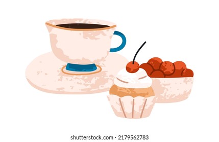 Tea cup on saucer and sweet dessert. Elegant porcelain teacup, sugar cupcake with cream and berry. Coffee and vanilla muffin composition. Flat vector illustration isolated on white background