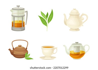 Tea Cup on Saucer and Teapot with Hot Aromatic Beverage for Brewing Vector Set