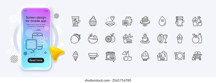 Tea cup, Orange and Hot water line icons for web app. Phone mockup gradient screen. Pack of Juice, Food delivery, Cake pictogram icons. Mint leaves, Acorn, Cupcake signs. Vector