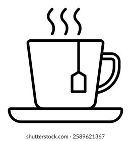 Tea cup outline icon, a steaming cup of tea with a tea bag. Perfect for projects related to cafes, tea rooms, or beverage menus