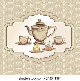 Tea cup, pastry and kettle retro card. Tea time vintage label.