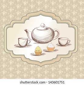 Tea cup, pastry and kettle retro card. Tea time vintage label. Tea cup and pot label in vintage style.