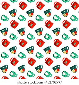 Tea cup pattern blue red with stripes cats and house