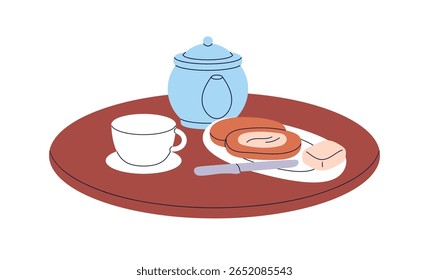 Xícara de chá e pote, fatias de pão e manteiga espalhados, servidos em mesa de madeira, bandeja. Café da manhã, comida matinal, lanche e bebida em xícara de chá, bule de chá. Ilustração de vetor plano isolada no plano de fundo branco
