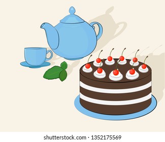 Tea cup and tea pot with cake, vector illustration