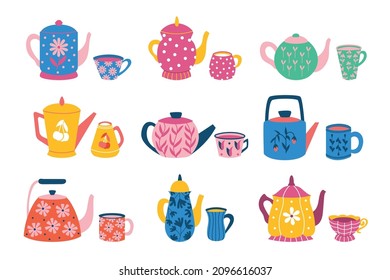 tea cup and pot. Cute collection of cartoon mugs with coffee tea and with different teapot . Vector set