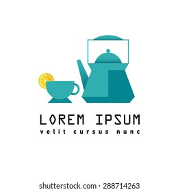 Tea cup with tea pot icon.  Flat design. Time tea. Shop teas, utensils, drink, restaurant. Emblem. Good morning. Tea ceremony.  Logo