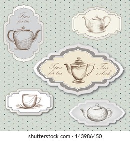 Tea Cup, Pot, Kettle Retro Card. Tea Time Vintage Label Set. Hot Drinks Sign Set In Vintage Style.