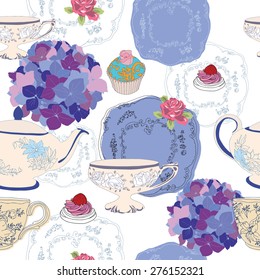 Tea cup and tea pot pattern seamless