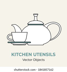 Tea cup pot saucer simple form vector illustration. Vector line illustration isolated logo icon cafe menu banner flayer. Dishware logo coffee shop. Cup demitasse coffee mug teapot isolated background