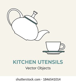 Tea cup pot saucer simple form vector illustration. Vector line illustration isolated logo icon cafe menu banner flayer. Dishware logo coffee shop. Cup demitasse coffee mug teapot isolated background