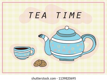 tea cup and tea pot vector drawn illustration