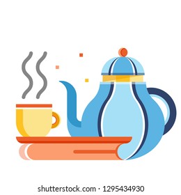 Tea cup and tea pot vector illustration in flat color design