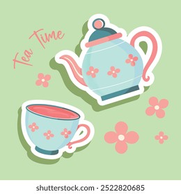 Tea cup and tea pot vector illustration design in sticker style also can be used as children's book elements 