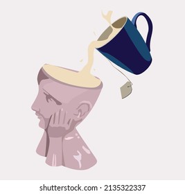 Tea cup pouring tea in women's head isolated on light background