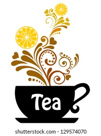 Tea cup. Restaurant menu design.Tea with lemon isolated on White background. Vector illustration