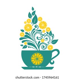 Té. Diseño de la carta del restaurante. Té verde natural con limón aislado en fondo blanco.  té de hierbas. Ilustración del vector