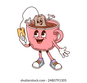 Tea cup retro cartoon groovy breakfast character. Isolated vector cheerful porcelain teacup personage with teabag, exuding nostalgic funky vibes. Hot drink mug evokes a sense of joy and playfulness