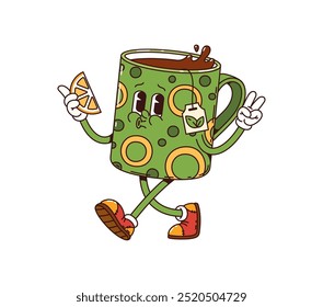 Tea cup retro groovy breakfast character. Isolated cartoon vector fun and lively green mug with a polka dot pattern, whistle, holding slice of lemon in hand and making a peace sign with the other