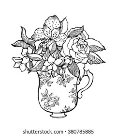 Tea cup with rose flowers. Graphic line vector