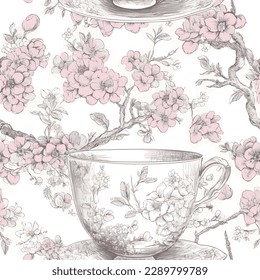 Tea cup with sakura cherry blossom tree in spring