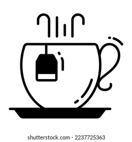 Tea cup in a saucer with tea bag vector icon
