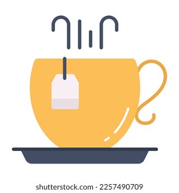Tea cup in a saucer with tea bag vector icon